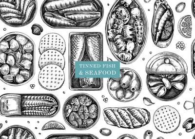Seafood background. Hand-drawn tinned fish seamless pattern. Sardines, anchovy, mackerel, tuna, mussels in tin cans, fish canapes, olives, crackers vector sketches. For packaging, print, textile